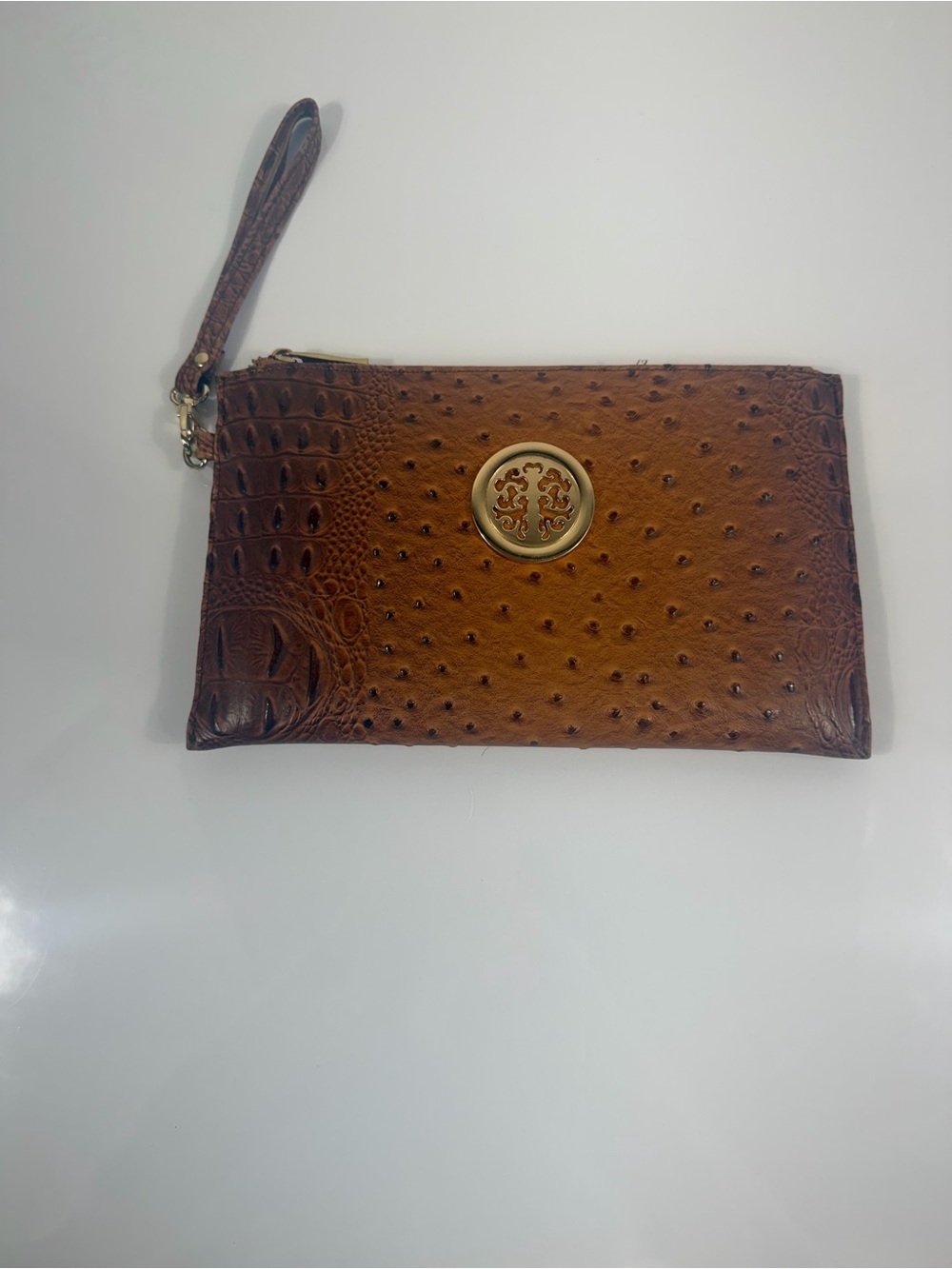 Brown Ostrich Croc Embossed Wristlet Clutch with Gold-Tone Medallion - Picture 2 of 7